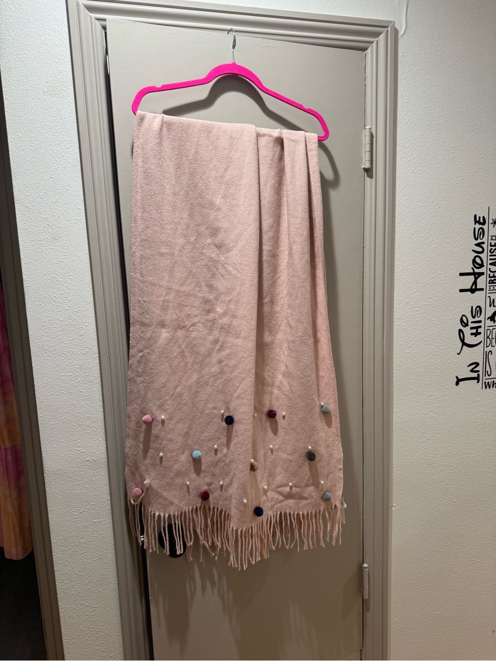 NWT Blush/Dust Pink Scarf with Pom and Faux Pearl Accents